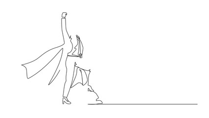 Poster - Self drawing animation of continuous one line drawing superhero businesswoman in office blazer flying upward with cloak. Woman raising her fist in up rejoicing at her success. Full length animated