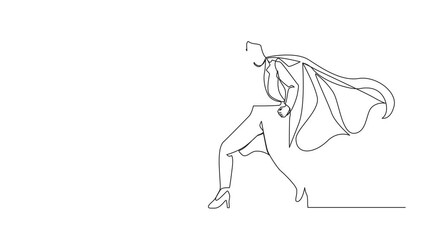 Poster - Animation of single continuous line drawing female businesswoman superhero standing with suitcase. Portrait of young office worker. Office, business, employee concept. Full length motion