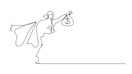 Poster - animated self drawing of single one line drawing superhero businesswoman present symbol of income. h