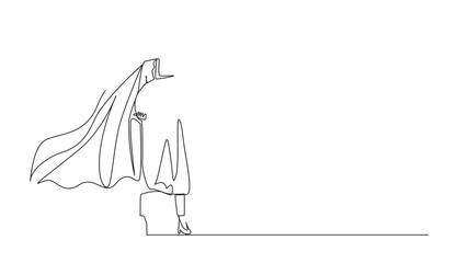 Poster - Self drawing animation of continuous one line drawing gigantic profits of financial success. Super businesswoman hero with bag of money. Business metaphor. Success, career. Full length animated
