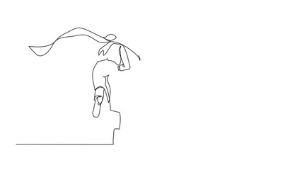 Poster - Self drawing animation of single one line drawing back view businesswoman superhero running to office. Powerful businesswoman enthusiastic with ideas, innovation. Full length animated