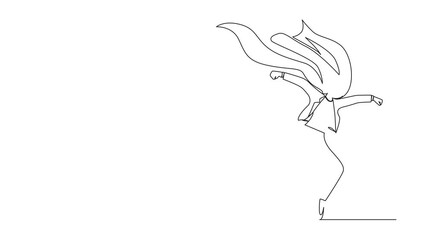 Poster - Self drawing animation of single continuous line drawing female businesswoman superhero in cloak. Superhero landing from the sky. Leadership, challenge goal achievement. Full length animated