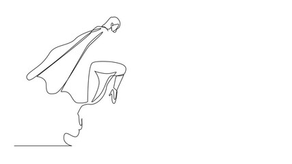 Poster - Animated self drawing of continuous one line drawing superhero businesswoman parry blow. Female in superwoman costume and mantle standing after fight. Victory, winner concept. Full length animation