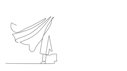 Poster - Animation of single continuous line drawing superhero in cloak flutter in the wind. Stands with his back. Arabian businessman hero. Business success. One line self drawing animated. Full length motion
