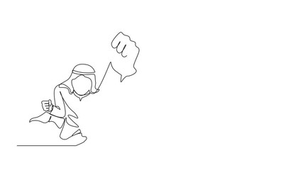 Poster - Animation of single one line drawing superhero Arabian businessman wearing cape. Manager leader flying up with stretched arm clenched fist. Continuous line self drawing animated. Full length motion