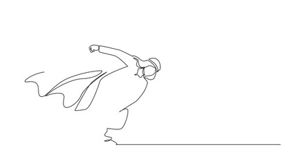 Poster - Self drawing animation of continuous one line drawing superhero Arab businessman punching breaking through problem. Elimination obstacles. Motivation to win, reliable leadership. Full length animated