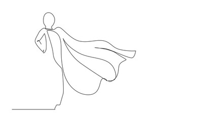 Poster - Animation of single continuous line drawing back view confident Arabian businesswoman standing in suit and cape. Successful super hero entrepreneur. One line self drawing animated. Full length motion