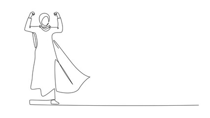 Poster - Self drawing animation of single one line drawing Arabic businesswoman superhero character, office worker superhero. Businesswoman in cloak or cape, standing in superhero pose. Full length animated