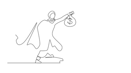 Poster - animation of continuous one line drawing superhero arabian businesswoman present symbol of income. e
