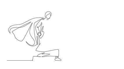Poster - Self drawing animation of continuous one line drawing Arabian businesswoman superhero standing with suitcase. Portrait of young office worker. Office, business, employee. Full length animated