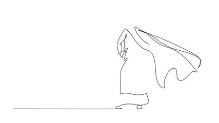 Poster - Animation of single one line drawing superhero in cloak flutters in wind. Stands with her back. Business success, leadership and victory. Continuous line self drawing animated. Full length motion