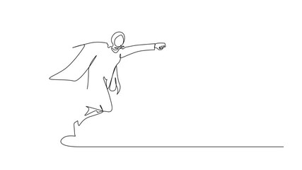 Poster - Animation of single continuous line drawing super Arabian businesswoman punches pose, employee superhero flying, business power, success. One line self drawing animated. Full length motion