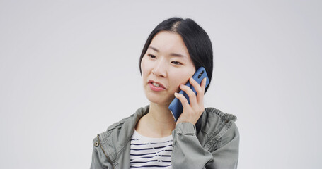 Poster - Phone call, studio and Asian woman with contact for communication, update or listening. Conversation, person and mobile for connection, advice or talk for information on white background with space