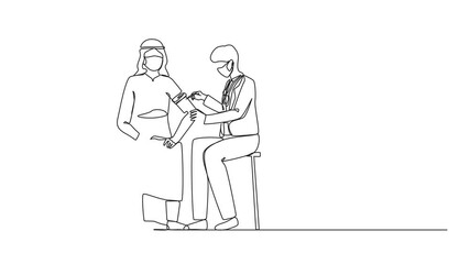 Poster - Self drawing animation of single one line drawing doctor gives patient antiviral injection. Doctor inject coronavirus vaccine in Arab man arm. Vaccination against coronavirus. Full length animated