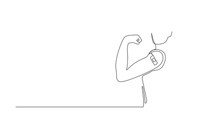 Poster - Self drawing animation of continuous one line drawing man wearing mask showing his arm with bandage after receiving covid-19 vaccine. Vaccination, fight against coronavirus. Full length animated