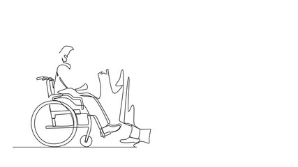 Poster - Self drawing animation of continuous one line drawing full length of male graduate student in wheelchair shaking hand with male graduate student standing and holding diploma. Full length animated