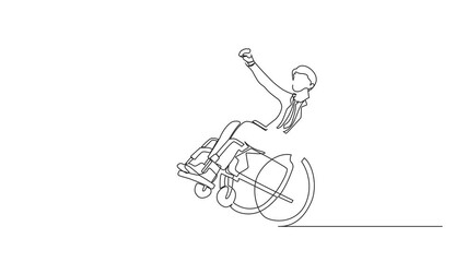 Poster - Animation of single continuous line drawing happy disabled businessman in cloak suit pretend to be superhero, raising hands up. Be happy and strong. One line self drawing animated. Full length motion