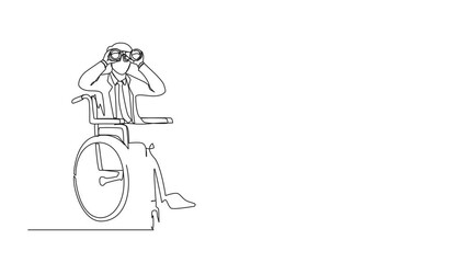 Poster - Animated self drawing of continuous one line drawing successful businessman in wheelchair with binocular looks for ideas, solutions. Discover opportunities concept. Full length single line animation