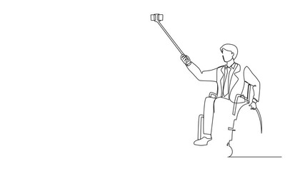 Poster - Self drawing animation of continuous one line drawing businessman in wheelchair taking selfie with phone and stick. Disabled injured man in wheelchair making selfie on smartphone. Full length animated