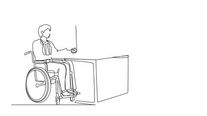 Poster - Animation of continuous line drawing disabled businessman in wheelchair working with colleague in office. Discussing business graph on computer. One line self drawing animated. Full length motion