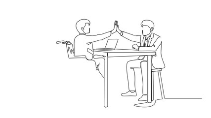 Poster - Animation of continuous one line drawing disabled businessman giving high five to his partner in office. Office worker sitting in wheelchair joy. Single line self drawing animated. Full length motion