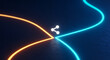 © Arfan - A share icon connects two neon paths. The abstract design represents network connection, social media, digital technology, and modern concepts. The paths glow brightly in orange and blue.