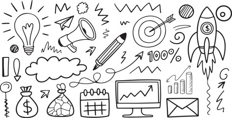 Poster - Business icon, hand drawn startup icon, doodle business or startup icon set.Business money sketch idea icon set. Hand drawn sketch elements for startup, project, goal and teamwork. Business graphic ch