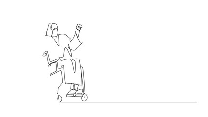 Poster - Animation of continuous line drawing inclusive affordable education. Graduate of disabled female student in wheelchair has learned from school. One line self drawing animated. Full length motion