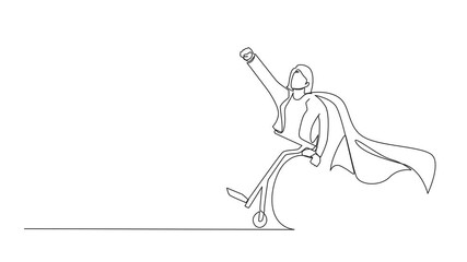 Poster - Animation of continuous one line drawing disabled businesswoman in cloak blazer pretend to be superhero, raising hands. Be happy and strong. Single line self drawing animated. Full length motion