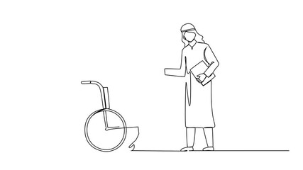 Poster - Animated self drawing of single continuous line drawing disabled Arabian businessman in wheelchair shaking hand with business partner. Disability manager dialogue. Full length single line animation