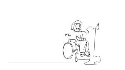 Poster - Self drawing animation of single one line drawing disabled Arabian man student receiving graduation from university rector. Disability bachelor, inclusive education concept. Full length animated
