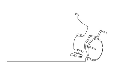 Poster - Self drawing animation of single continuous line drawing Arabian man sitting in wheelchair, raising hands in happiness, rehabilitation concept. Happy young man in wheelchair. Full length animated