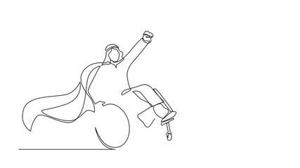 Poster - Animation of single one line drawing disable Arab man sitting in wheelchair flat character concept. Superhero with disability, power of mind. Continuous line self drawing animated. Full length motion