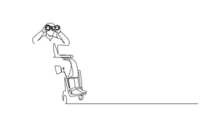 Poster - Animated self drawing of continuous one line drawing successful Arab businessman in wheelchair with binocular looks for new ideas. Discover opportunities concept. Full length single line animation