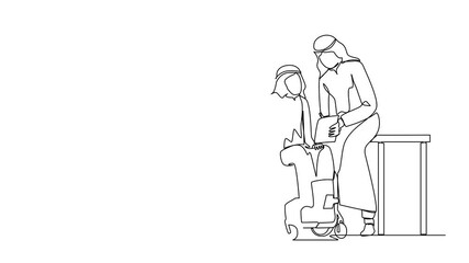 Poster - Animated self drawing of one line drawing Arabian businessman sitting on wheelchair presenting business graph on paper to manager. Corporate colleagues in office. Full length single line animation