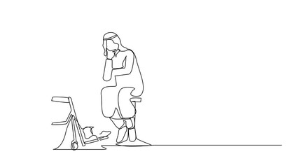 Poster - Self drawing animation of single continuous line drawing disabled Arabic man patient in wheelchair talking with doctor, discuss of medical examination. Doctor hold checklist. Full length animated