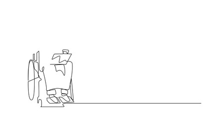 Poster - Animation of single continuous line drawing Arab man in wheelchair having phone conversation while working online on laptop. Talking with client. One line self drawing animated. Full length motion