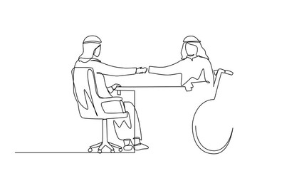 Poster - Animated self drawing of single continuous line drawing disability employment. Disabled Arabic man sit in wheelchair shaking hand with boss introducing new workplace. Full length single line animation