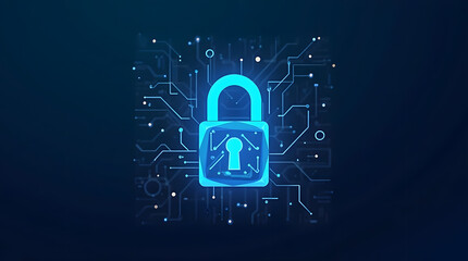 Blue glowing padlock represents digital security and data protection against cyber attacks on a dark tech background.