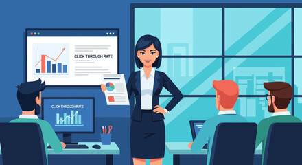 Poster - Businesswoman Presenting Data Analysis to Colleagues in Office Environment