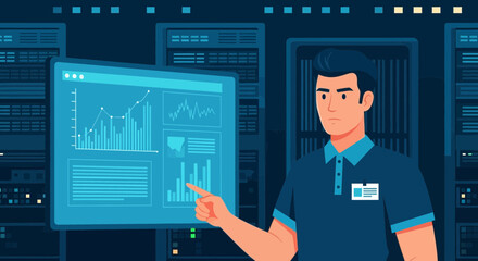 Poster - It Professional Analyzing Data On Screen In Server Room