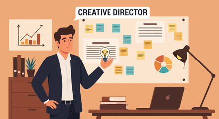 Poster - Creative Director Explaining Idea with Light Bulb at the Office