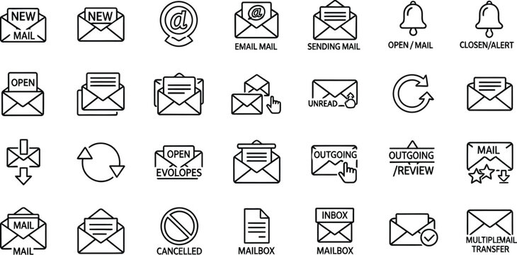 Vector art of a collection of email and messaging icons isolated on white background