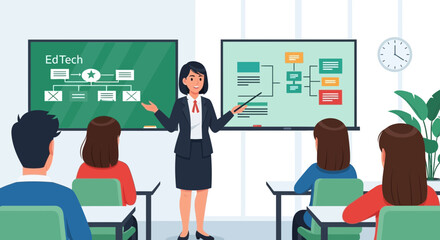 Poster - Animated Teacher Explaining EdTech Concepts To Students In Modern Classroom