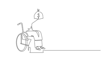 Poster - Self drawing animation of one line drawing Arab businesswoman holding dollar money bag. Disability insurance benefit payments for disabled wheelchair woman. Single line draw design vector graphic