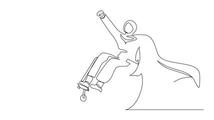 Poster - Animation of single one line drawing disable Arabian woman sitting in wheelchair character concept. Superhero with disability, power of mind. Continuous line self drawing animated. Full length motion