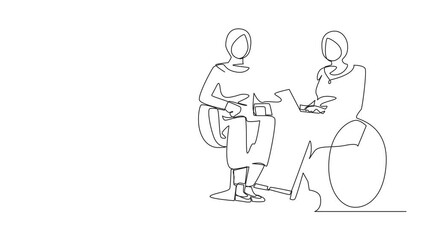 Poster - Animation of one continuous line drawing employee with disabilities and inclusion work together. Disabled Arabian female on wheelchair using laptop. One line self drawing animated. Full length motion