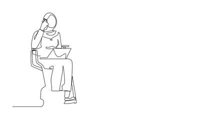 Poster - Animation of single one line drawing Arab woman in wheelchair having phone while working online on laptop. Disability talking on mobile phone. Continuous line self drawing animated. Full length motion