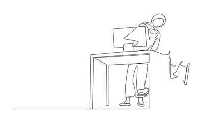 Poster - Animation of single line drawing disabled Arabian woman in wheelchair works in an office behind desk and computer. Interaction with colleague. Continuous line self drawing animated. Full length motion