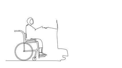 Poster - Animated self drawing of continuous line drawing disabled Arabian businesswoman in wheelchair shaking hand with business partner. Disability manager dialogue. Full length single line animation